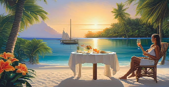 A peaceful private island at sunrise with a couple having breakfast on the beach, surrounded by palm trees and clear waters.