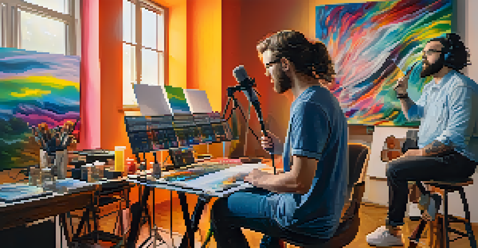 A visual artist painting alongside a podcaster recording, surrounded by vibrant colors and textures in a sunlit studio.