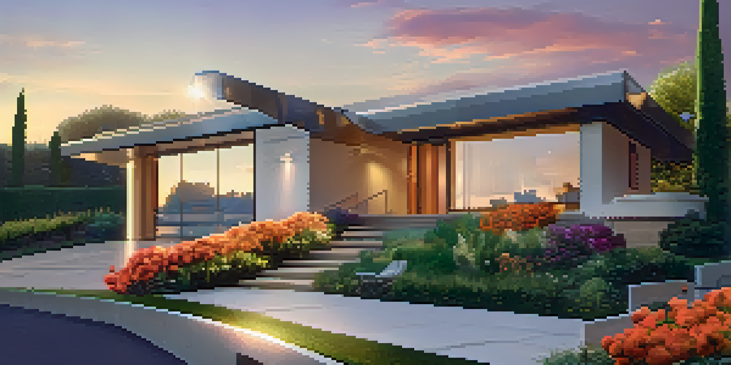 A modern luxury home with a high-tech surveillance camera and a landscaped garden during sunset.