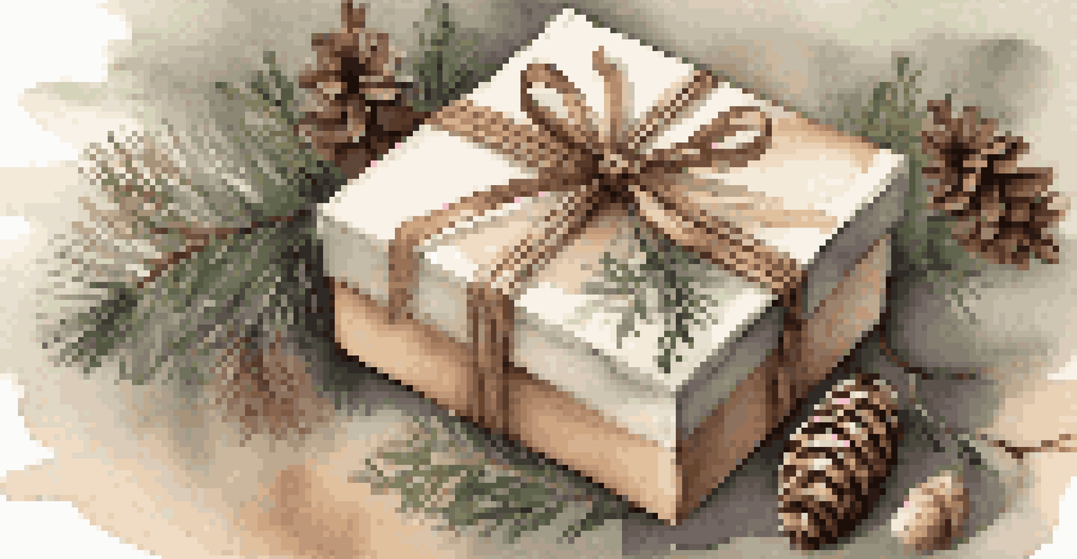 An elegant gift box filled with assorted handmade soaps, wrapped in twine and surrounded by greenery and decorative items.