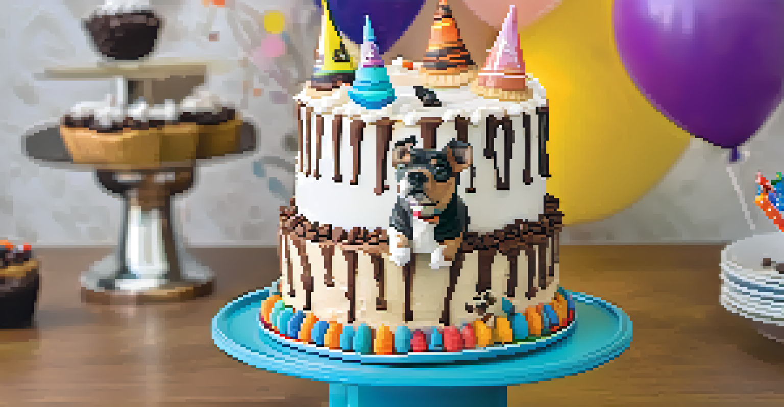 A pet-friendly gourmet cake with carob frosting at a pet birthday party with festive decorations.