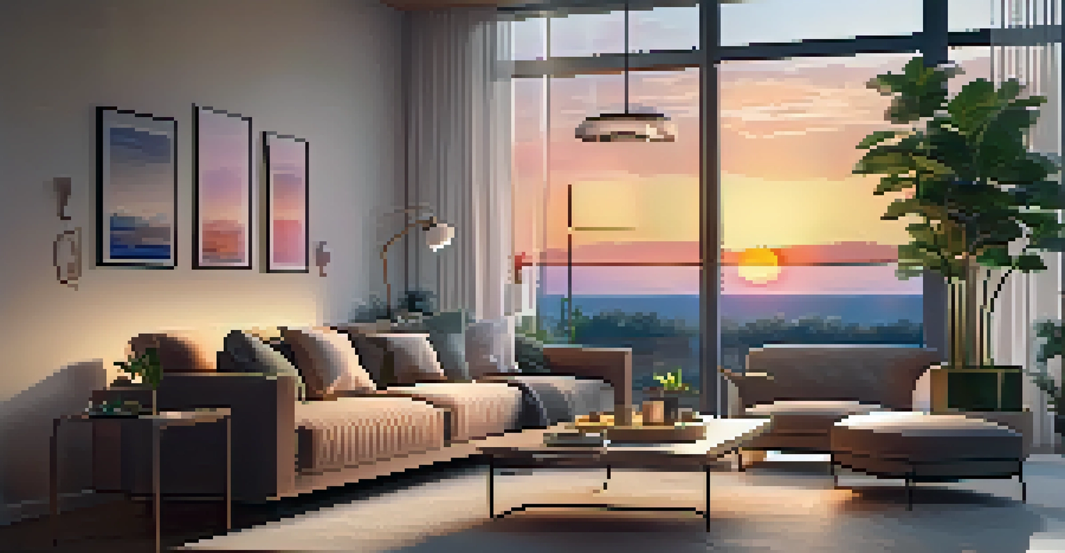 A smart home living room with adjustable lighting, modern furniture, and wellness reminders on a digital device.