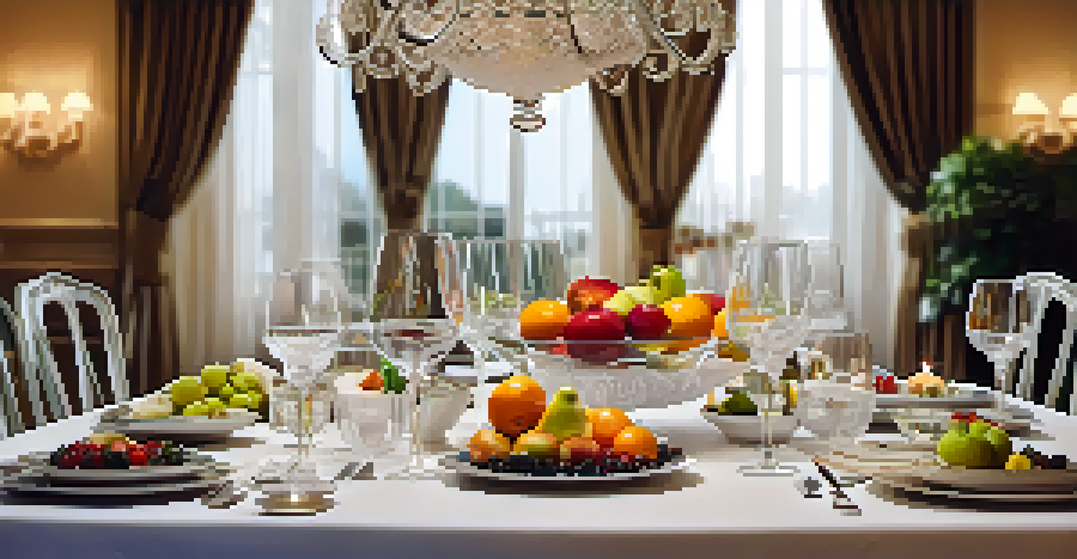 An elegant dining table set for a healthy meal with colorful fruits and gourmet dishes, surrounded by candlelight.