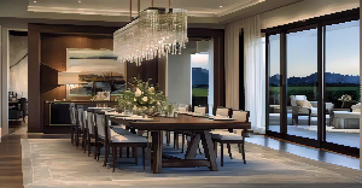 A sophisticated dining area with a modern table, elegant lighting, and a view of an outdoor patio in an open floor plan setting.