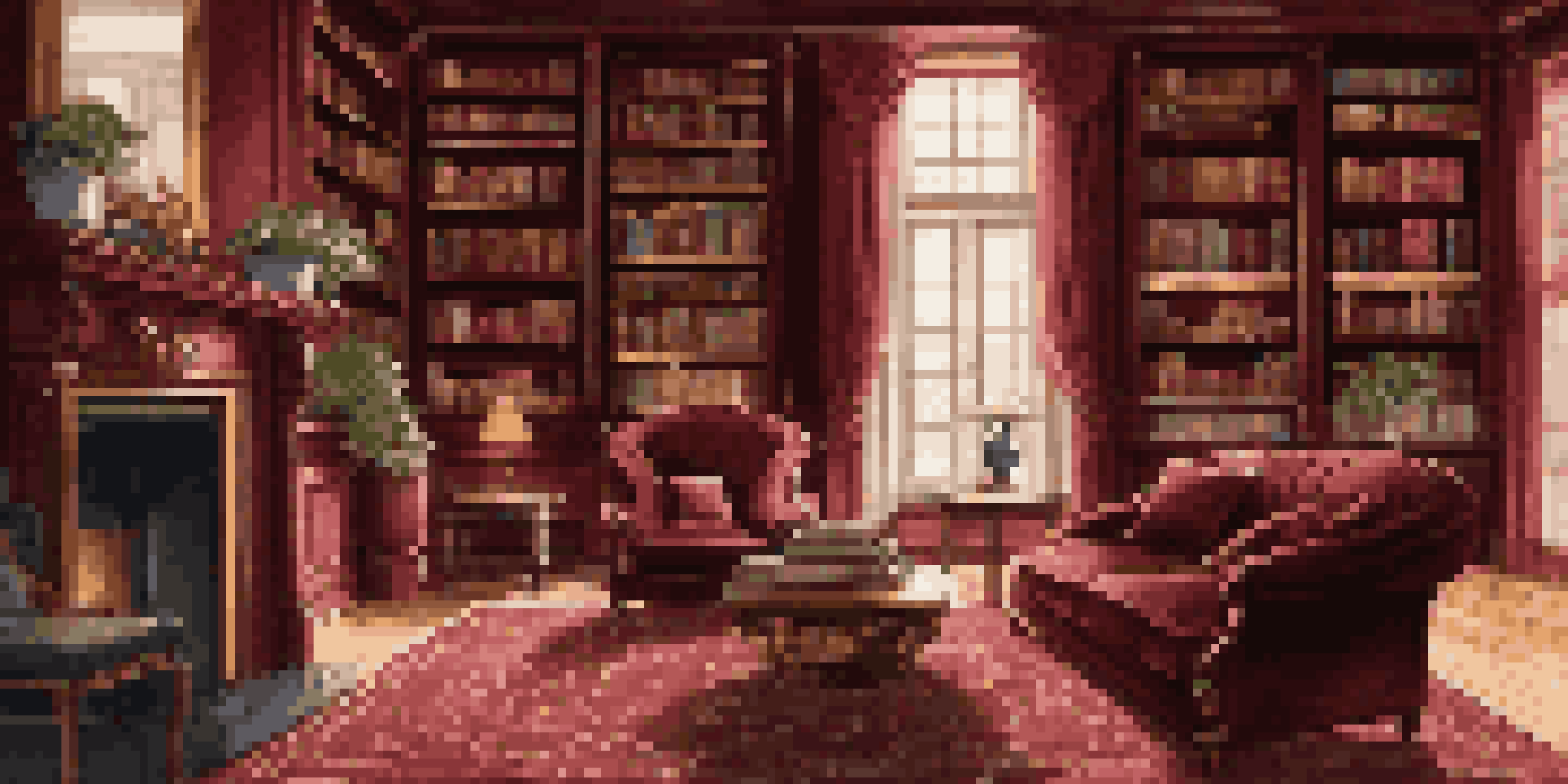 A cozy Victorian-themed home library with mahogany bookshelves, velvet armchairs, and warm lighting.