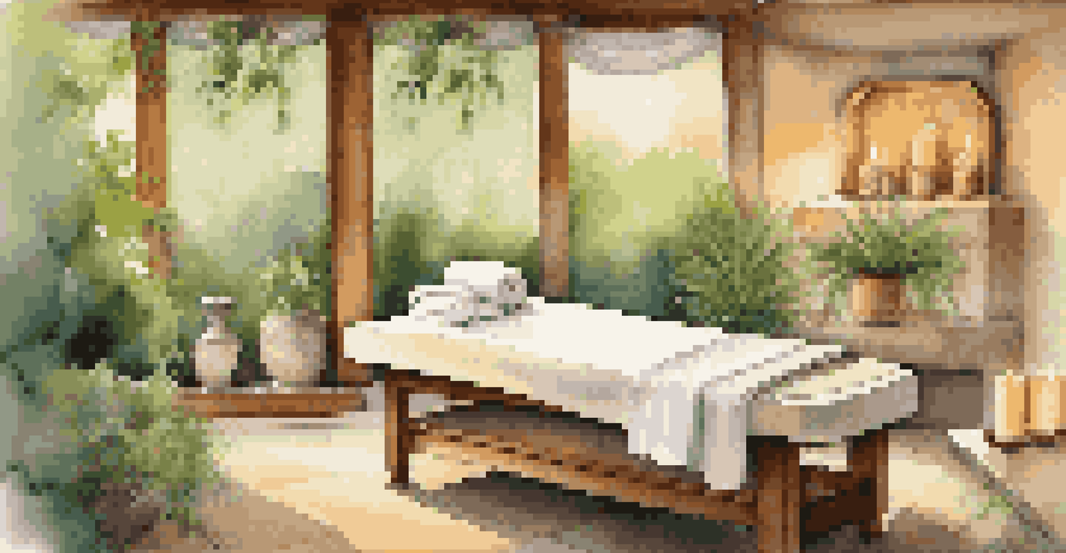 A tranquil spa setting with a massage table, candles, and lush greenery, evoking a sense of relaxation.