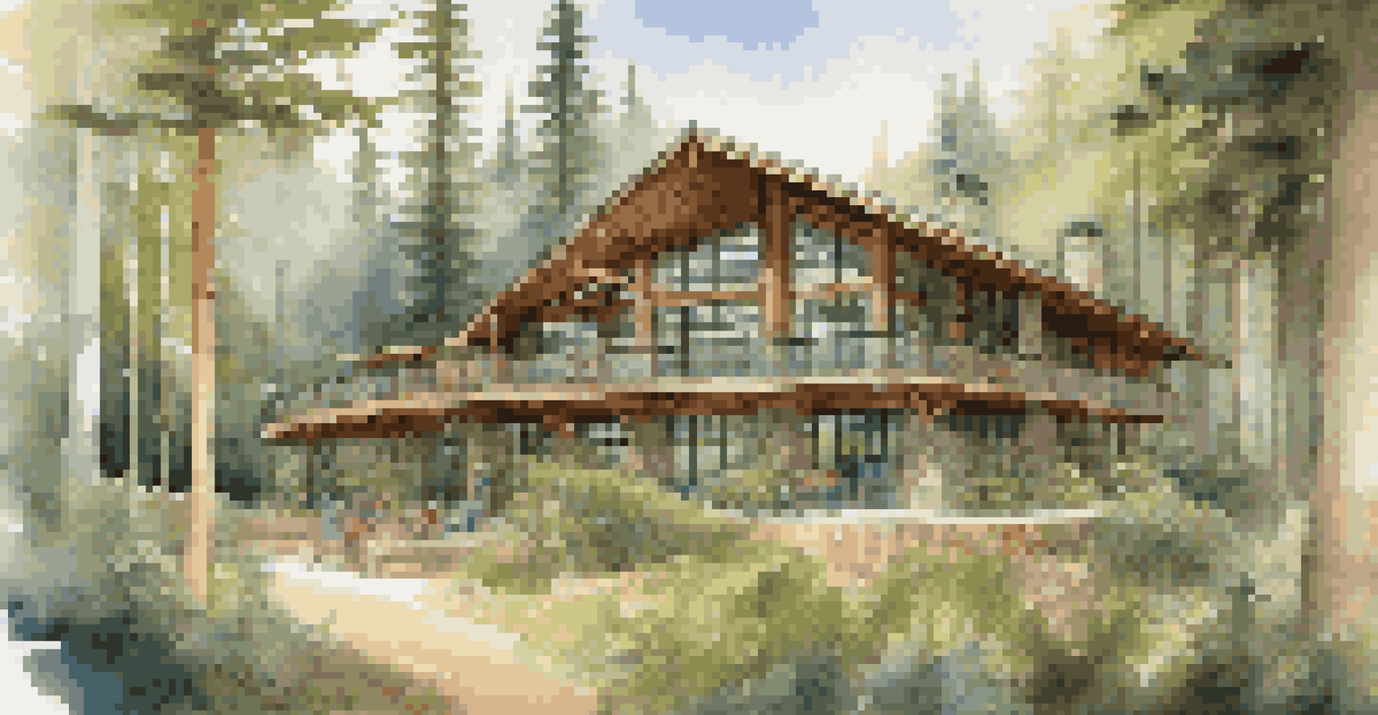 An eco-friendly luxury lodge in a forest with travelers planting trees to promote environmental sustainability.