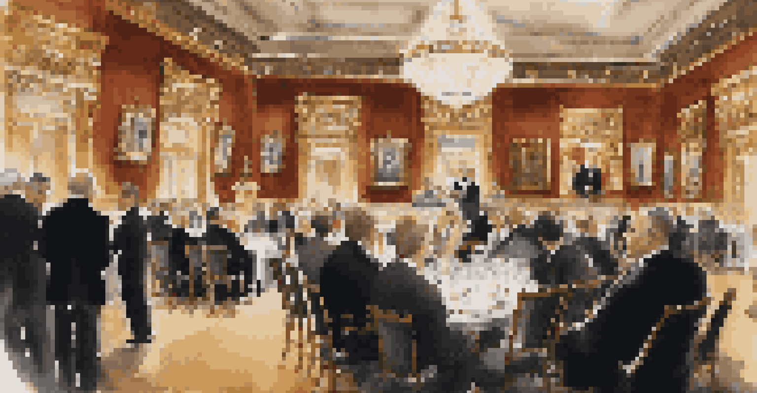 An opulent auction house with a rare painting being auctioned, capturing the attention of focused bidders.