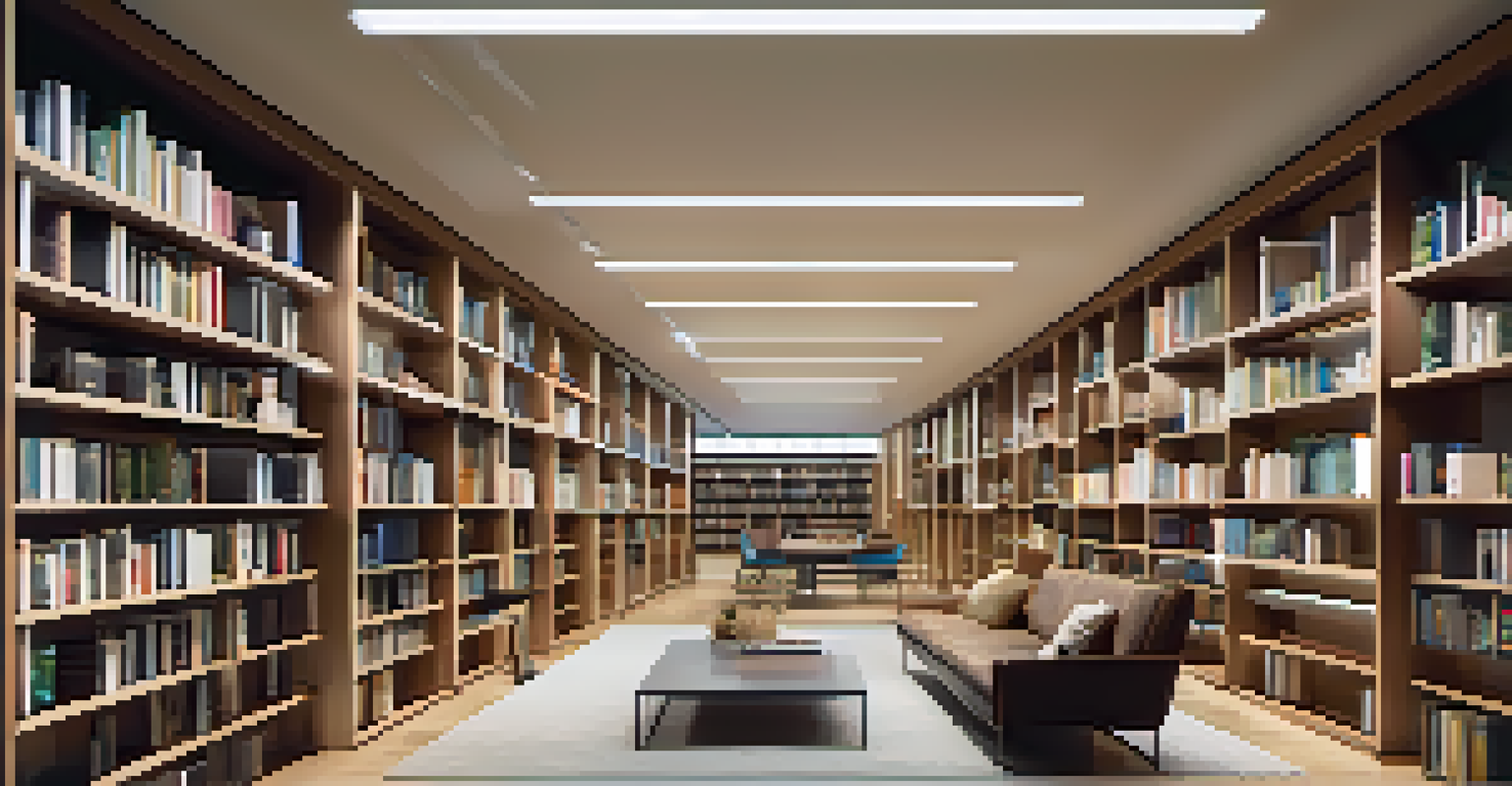A modern luxury library with decorative lighting, sleek furniture, and a skylight allowing natural light.