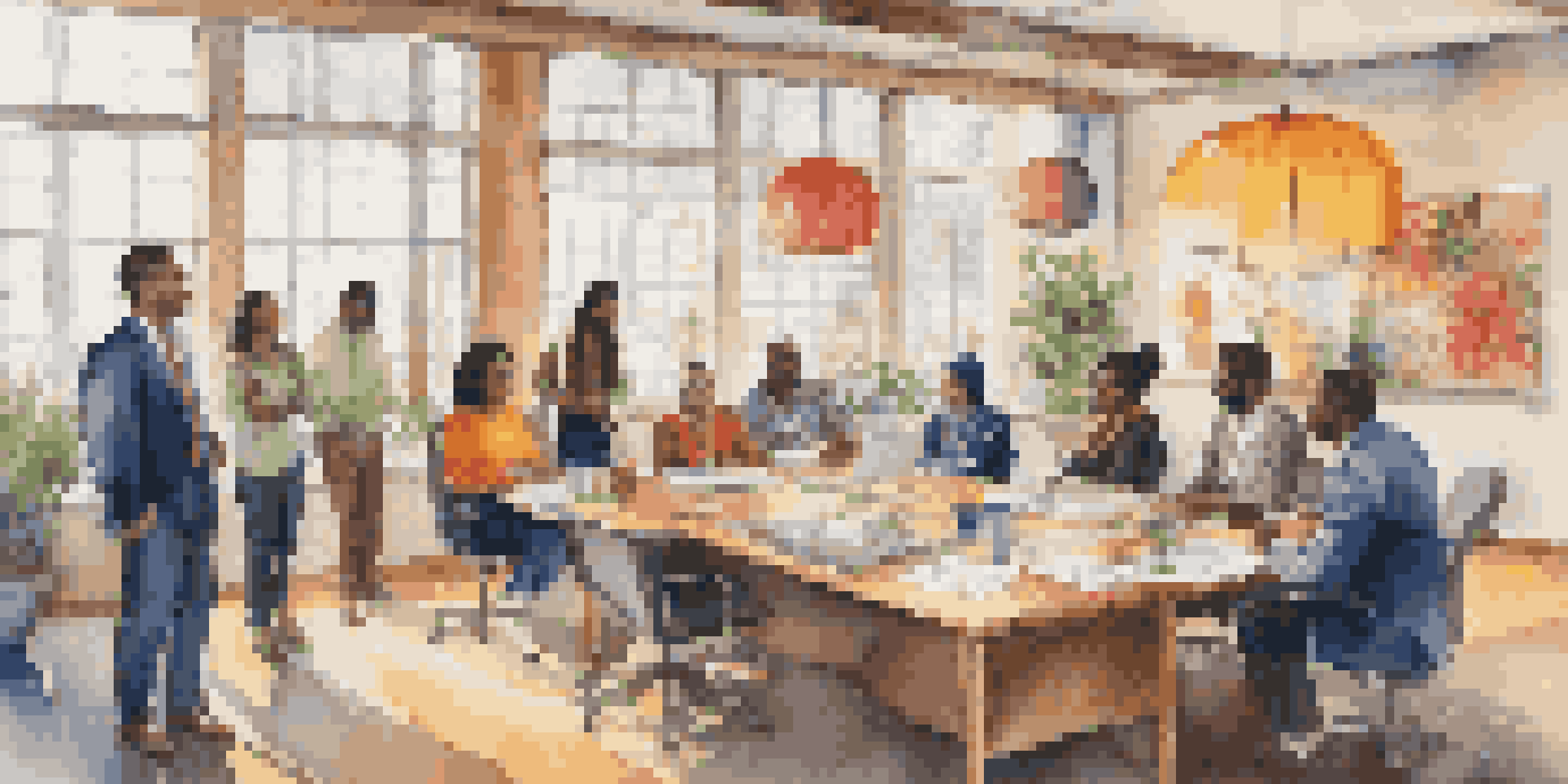 A diverse group of professionals in a meeting, showcasing different cultural backgrounds and attire in a colorful office space.