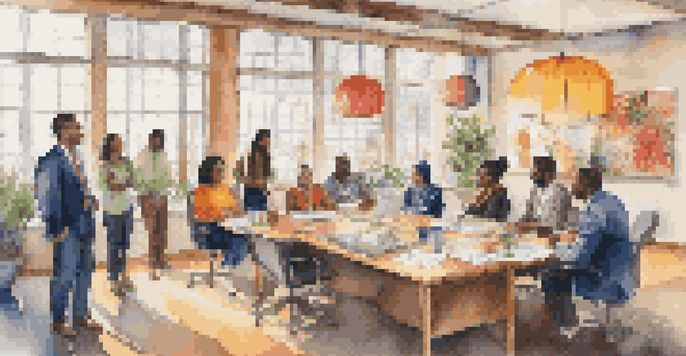 A diverse group of professionals in a meeting, showcasing different cultural backgrounds and attire in a colorful office space.