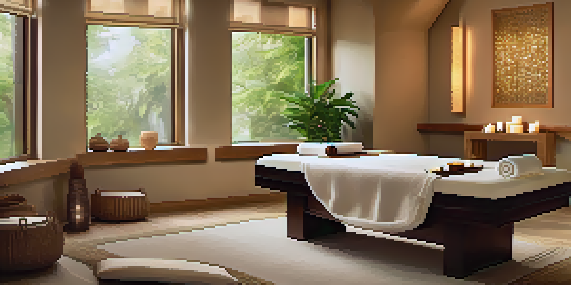 A calming luxury spa room with soft lighting, a massage table, and sound therapy instruments.