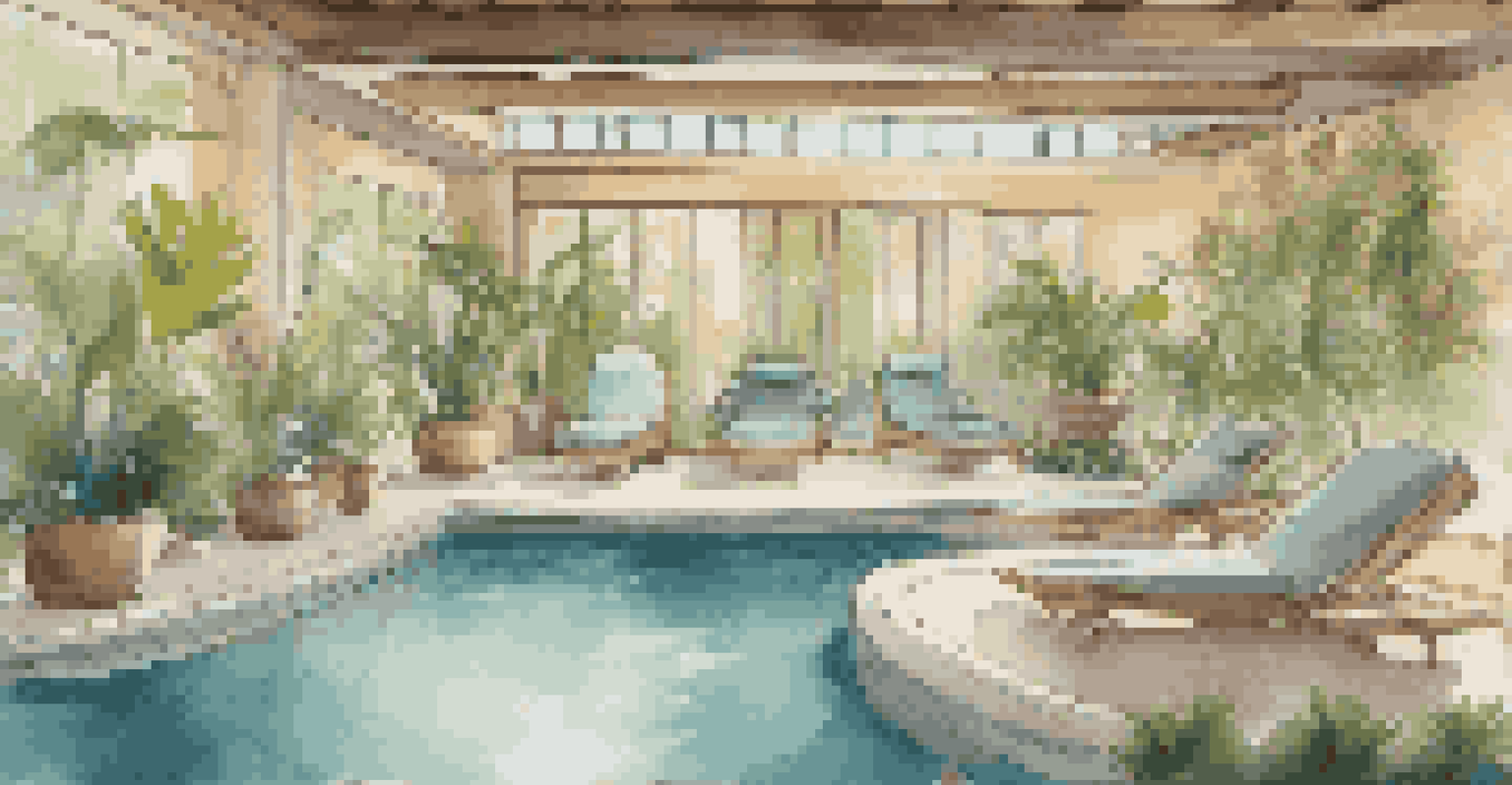 A tranquil spa area with a pool and lounge chairs at a luxury fitness retreat, surrounded by greenery and soft lighting.