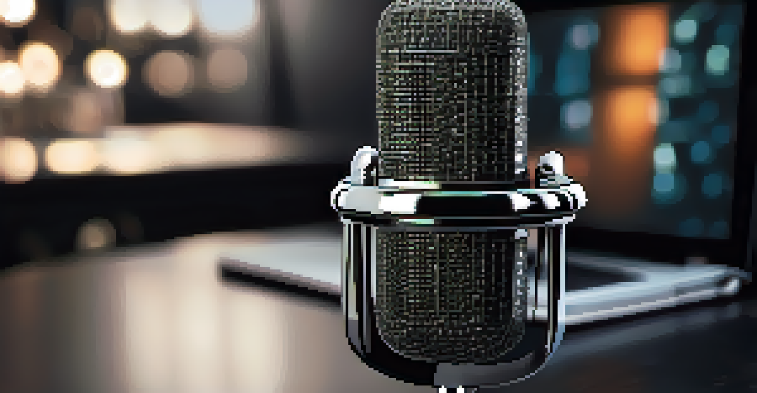 A detailed view of a premium microphone on a sleek table, set against a blurred backdrop of a stylish podcast environment.