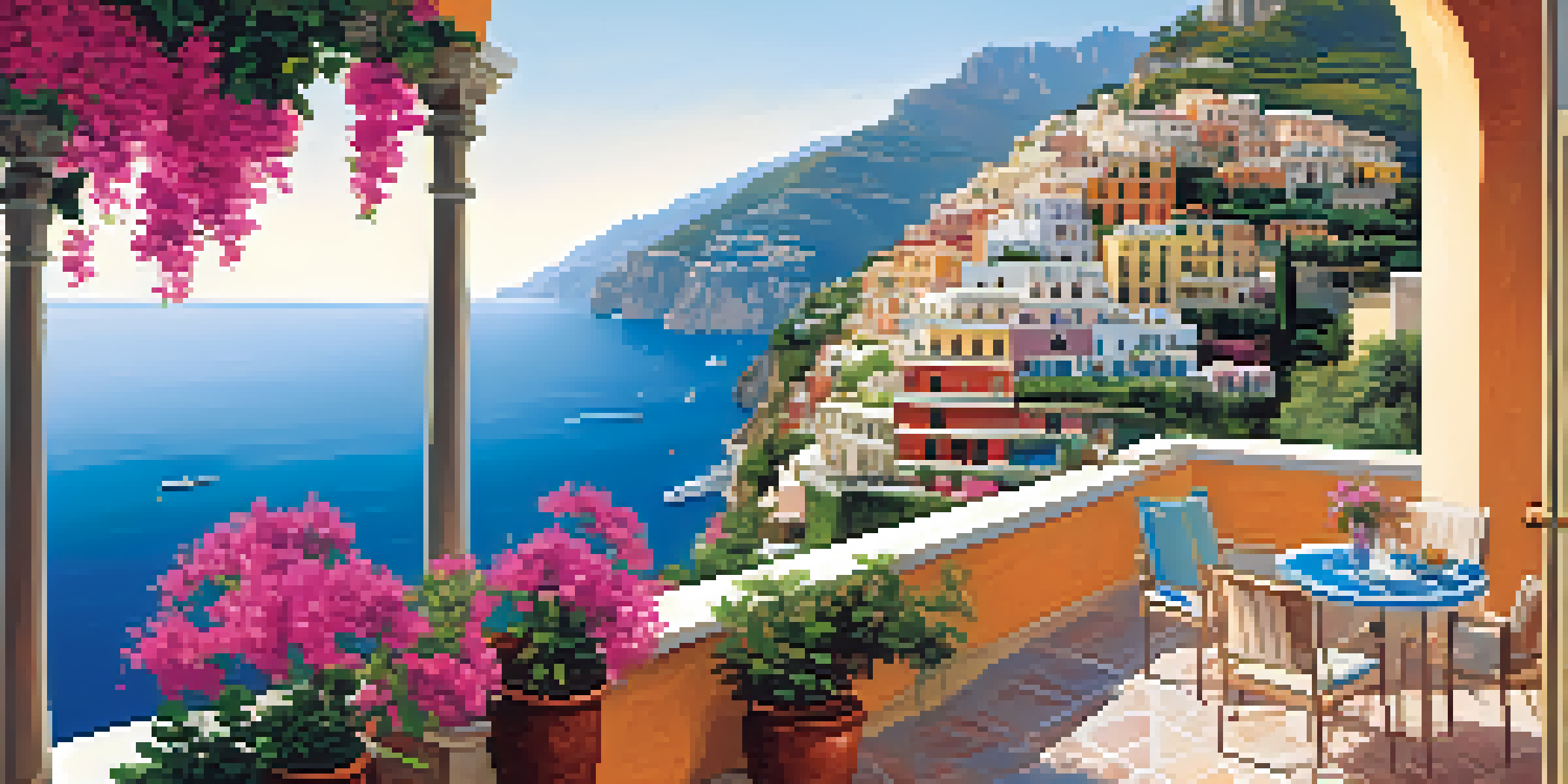 A scenic coastal view of Positano featuring colorful buildings and a bright blue sea, with flowers and outdoor dining areas.