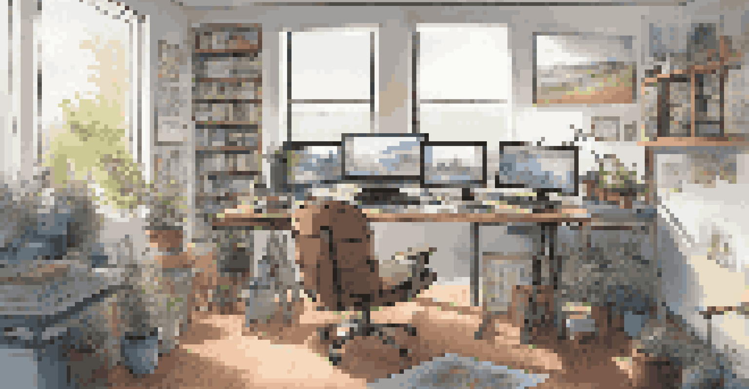 A cozy workspace of a digital artist with a computer setup and natural light, filled with art supplies and sketches.