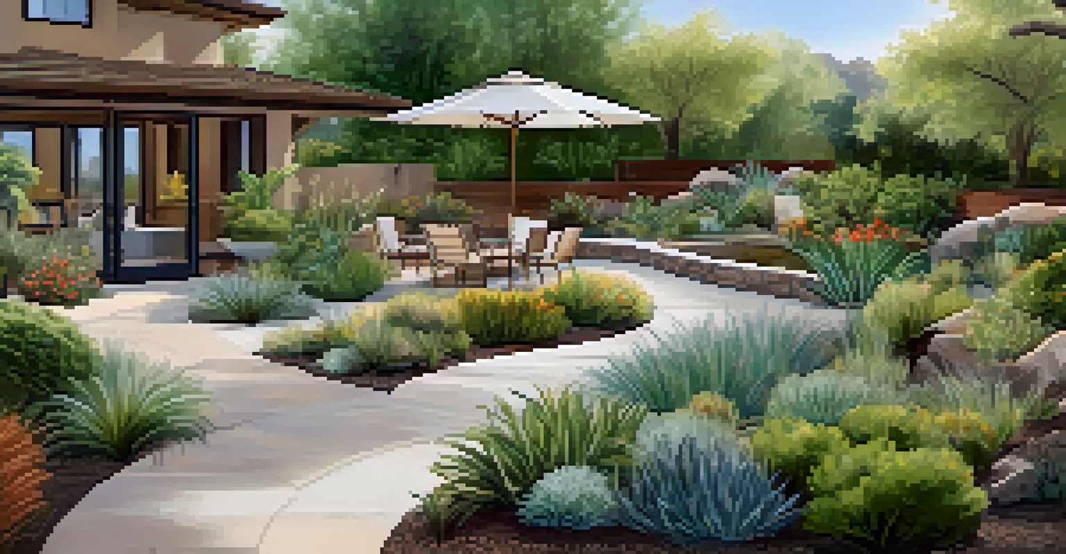 A beautifully landscaped outdoor garden with drought-resistant plants and a rainwater harvesting system, showcasing a sustainable and inviting environment.