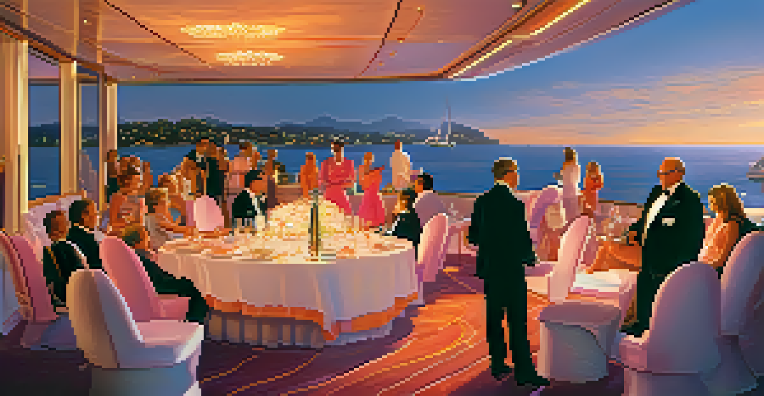 An outdoor charity auction on a yacht during sunset, with guests bidding and enjoying the scenic view.
