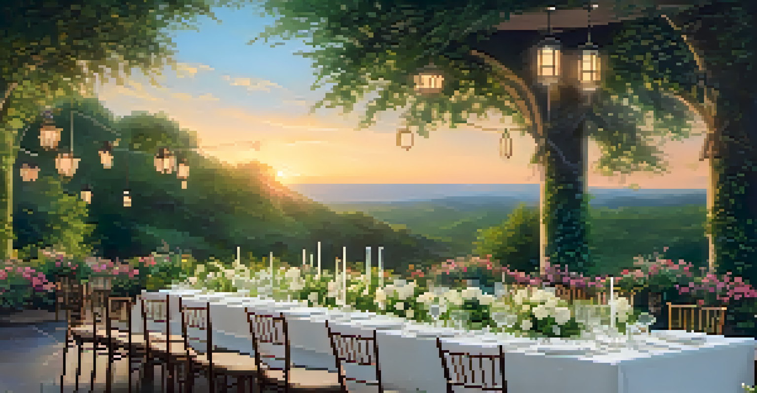 An outdoor charity event with a beautifully set dining table surrounded by greenery and blooming flowers at sunset.