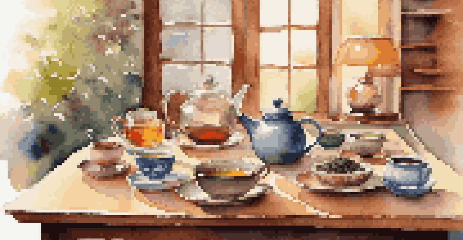 A cozy tea tasting setup with an assortment of colorful tea blends in small bowls, a teapot, and tasting cups, all illuminated by warm ambient lighting.