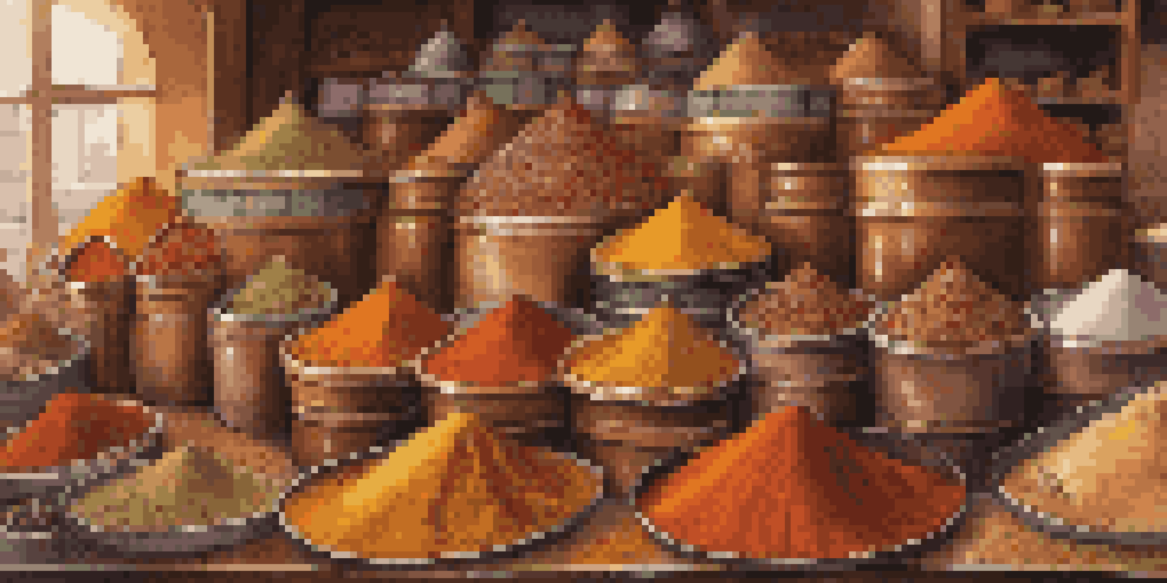 A spice market stall filled with colorful containers of spices like saffron, turmeric, and paprika, under soft golden lighting.