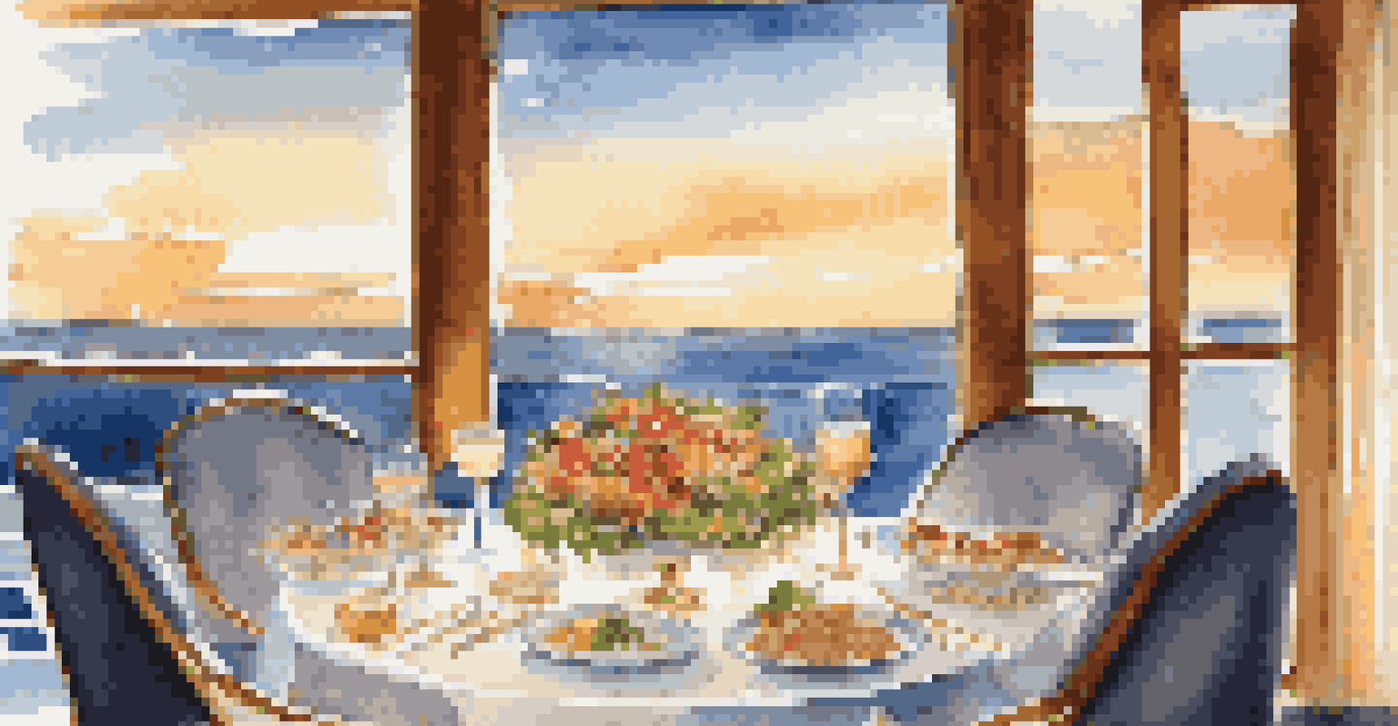 A beautifully set dining table on a cruise ship with a gourmet meal, overlooking the ocean at sunset.
