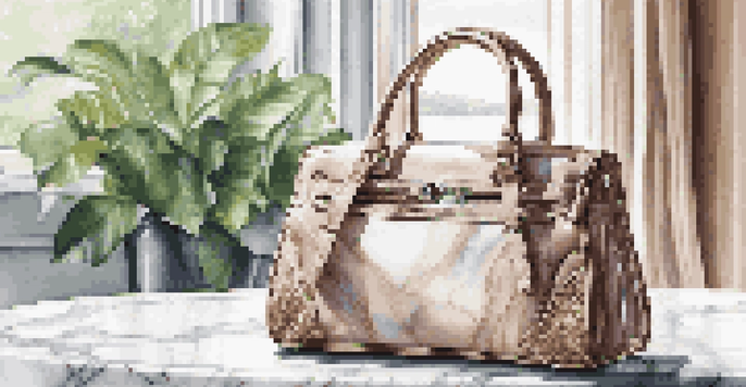 A luxurious handbag on a marble table, illuminated by natural light, with a plant and blurred cityscape in the background.