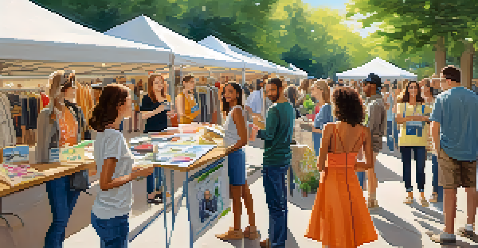 A vibrant community event celebrating circular fashion, with booths and workshops on recycling and upcycling clothing.