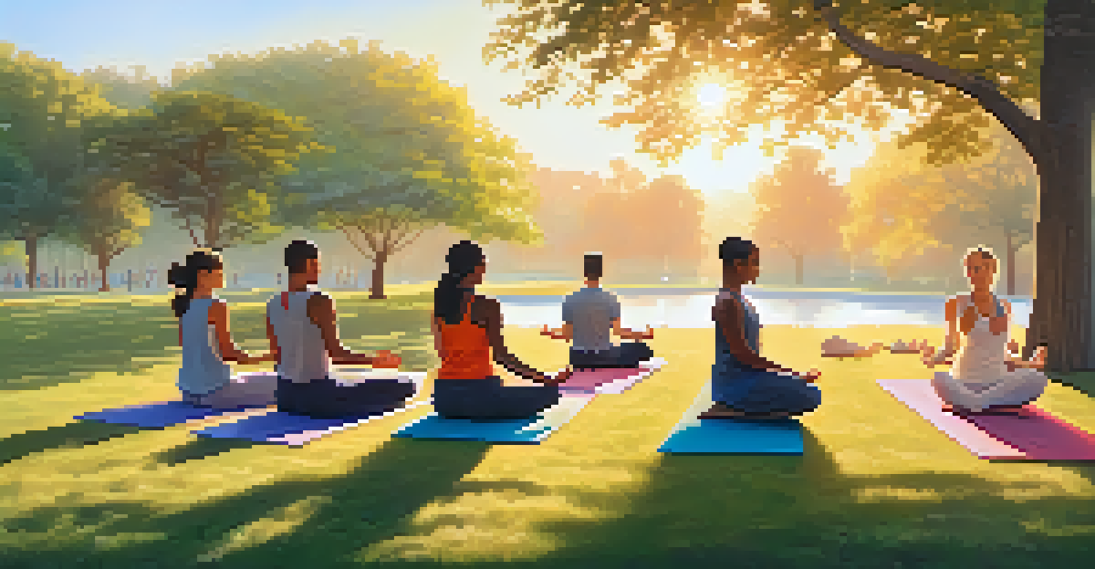 A group of people practicing yoga in a park at sunrise, surrounded by greenery.