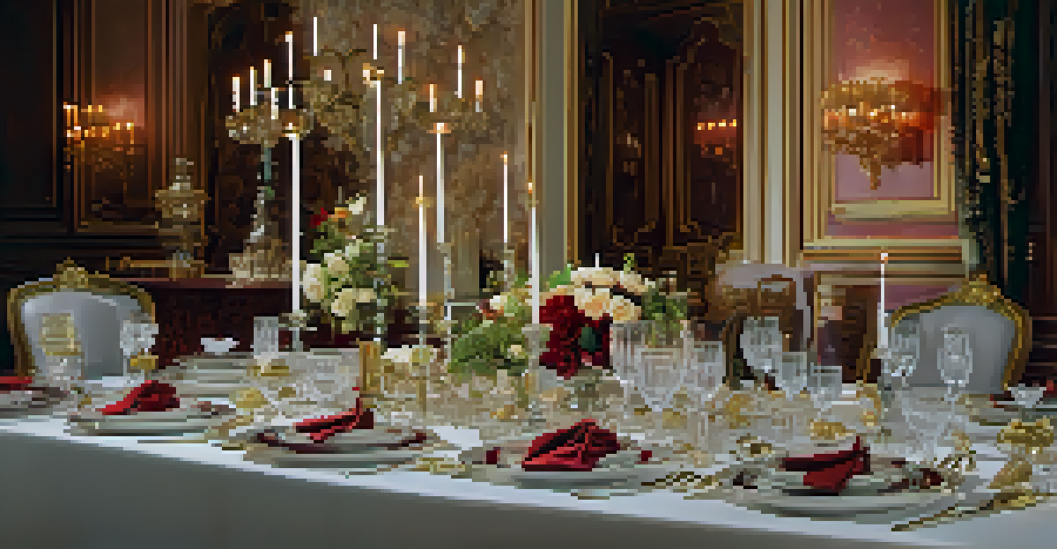 A beautifully set dining table for a luxurious feast, featuring fine china, crystal glassware, and elegant floral arrangements.
