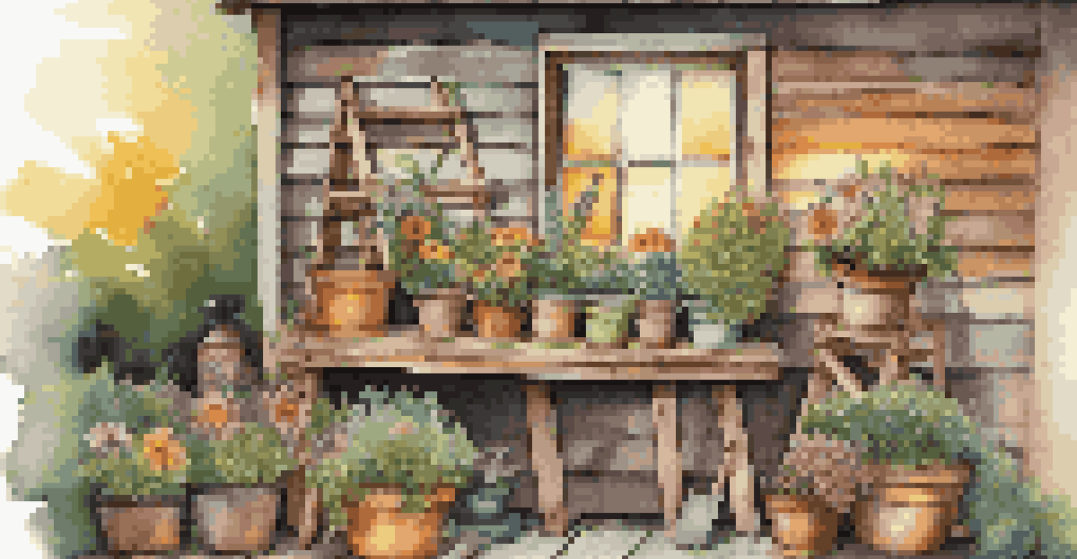 A wooden ladder used as a plant stand, filled with vibrant flowers and gardening tools, set against a warm sunset backdrop.