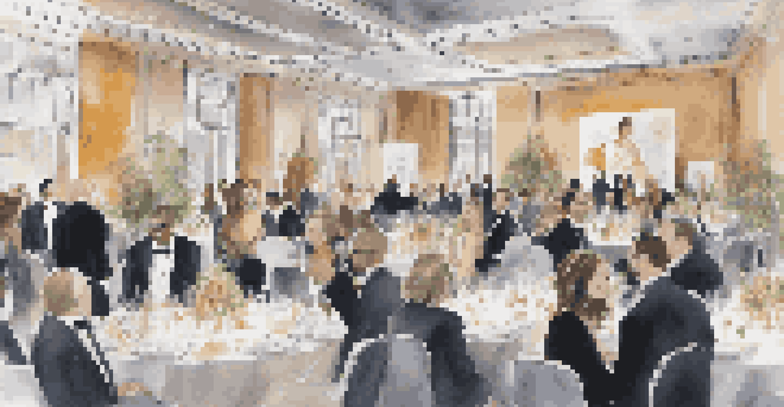 A hybrid charity ball event with guests in formal attire interacting in a grand venue alongside a screen displaying virtual participants.