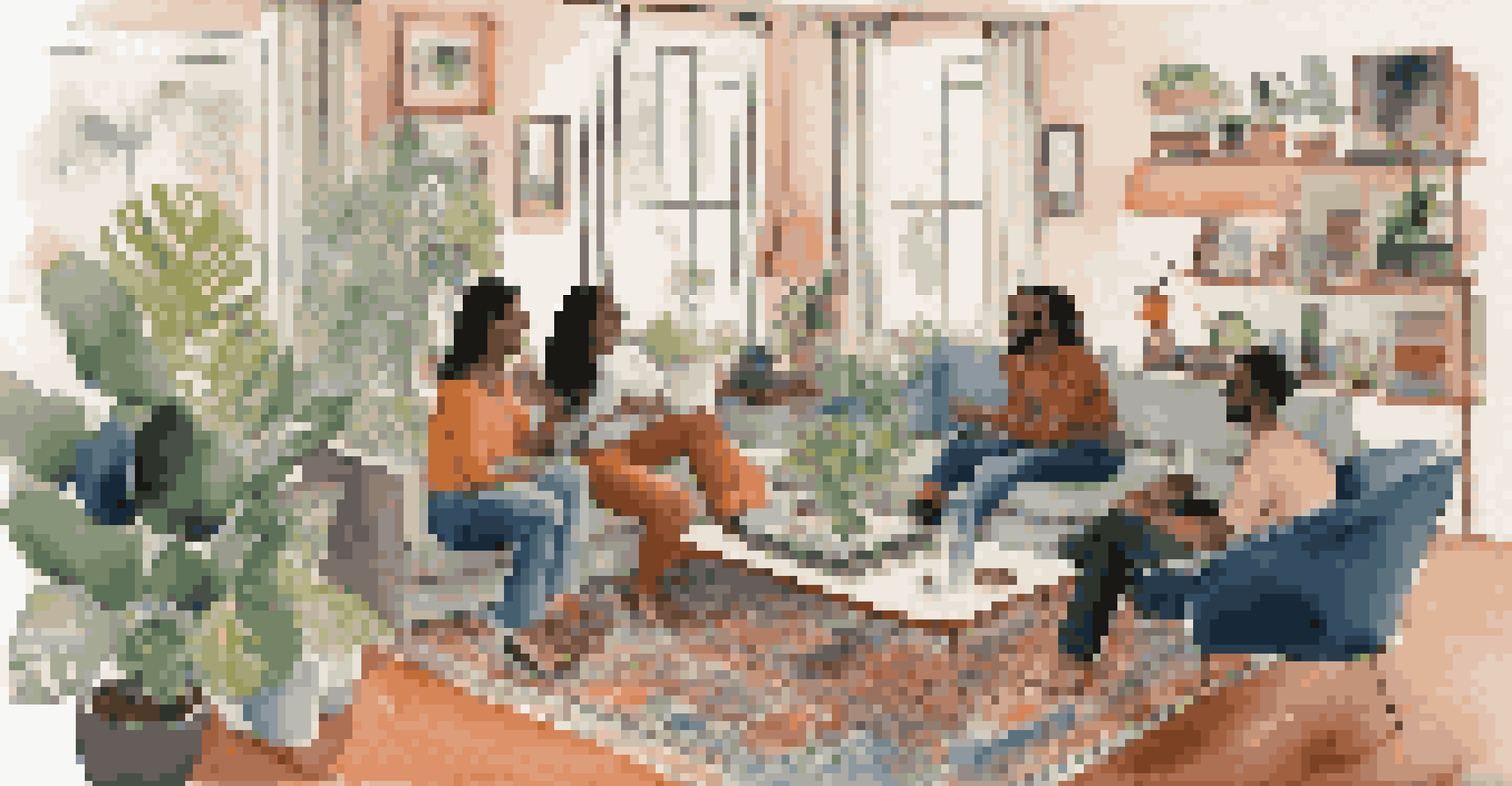 A modern living room with friends engaging in discussion about luxury lifestyle podcasts, featuring plush furniture and colorful artwork.