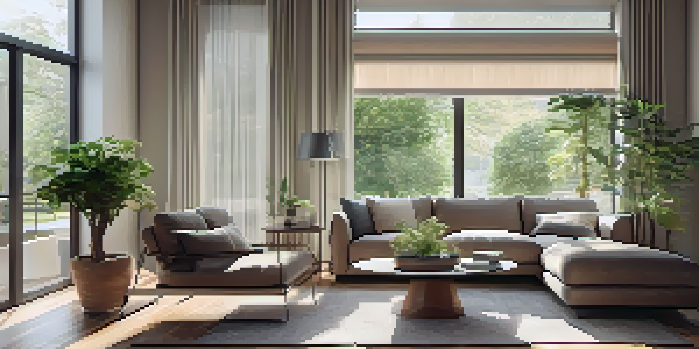 A modern living room with automated window treatments allowing sunlight to filter through sheer shades, featuring a plush sofa and a potted plant.