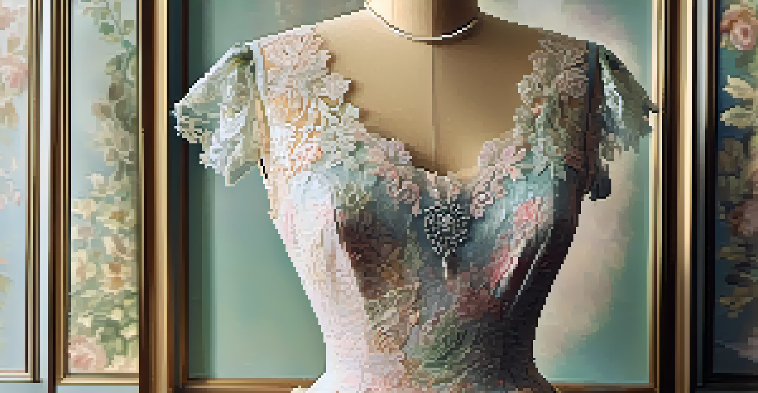 A restored vintage dress on a mannequin in a bright room, showcasing its pastel colors and lace details, with a vintage mirror in the background.