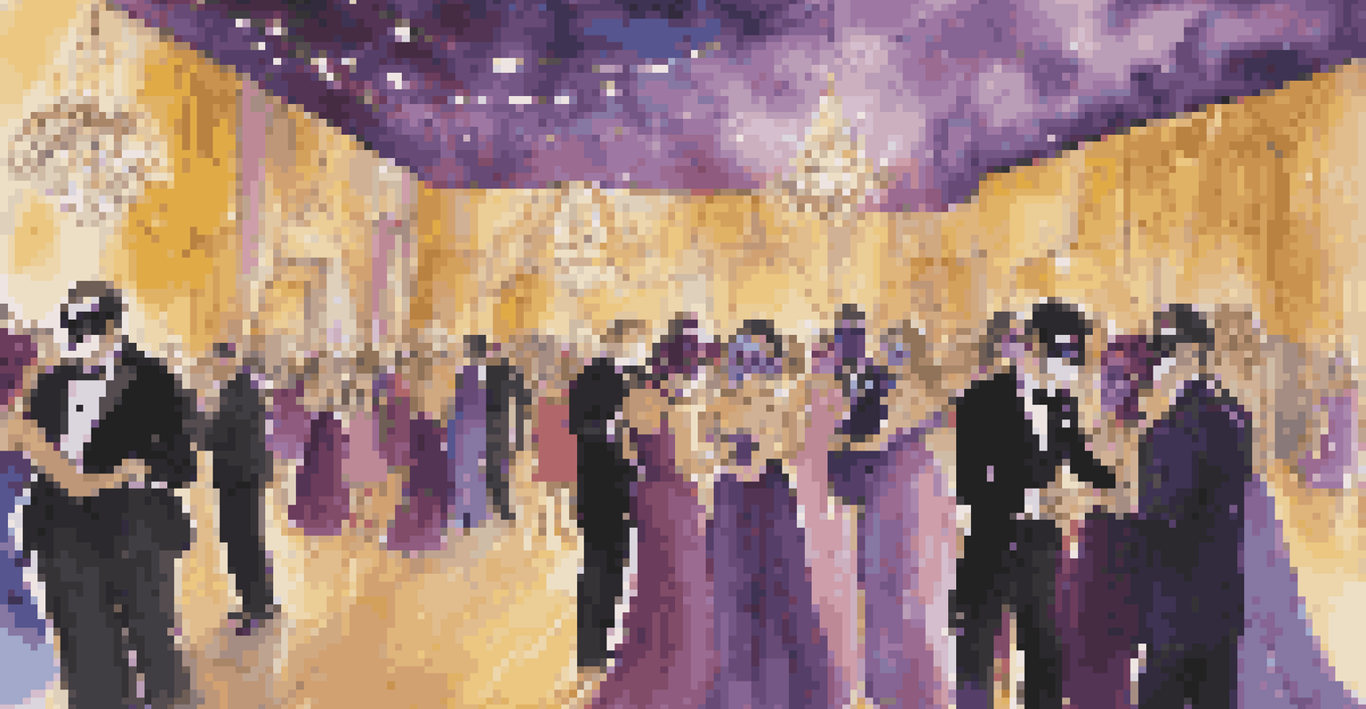 A festive masquerade charity ball with guests in colorful masks and costumes dancing under twinkling lights in a beautifully decorated venue.