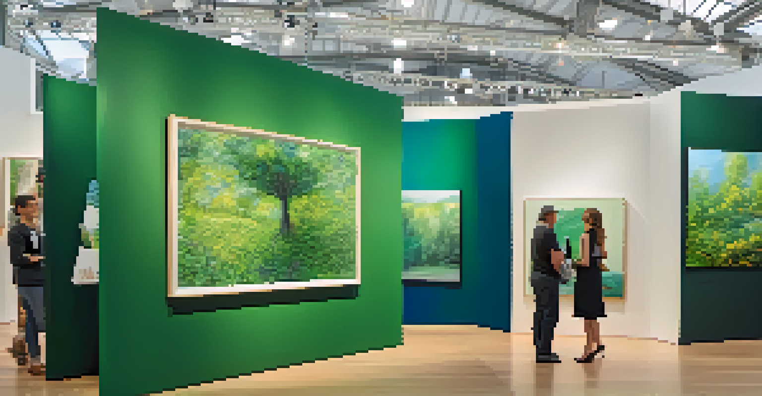 An artist's booth showcasing an abstract painting about sustainability, with the artist interacting with collectors in a well-lit environment.