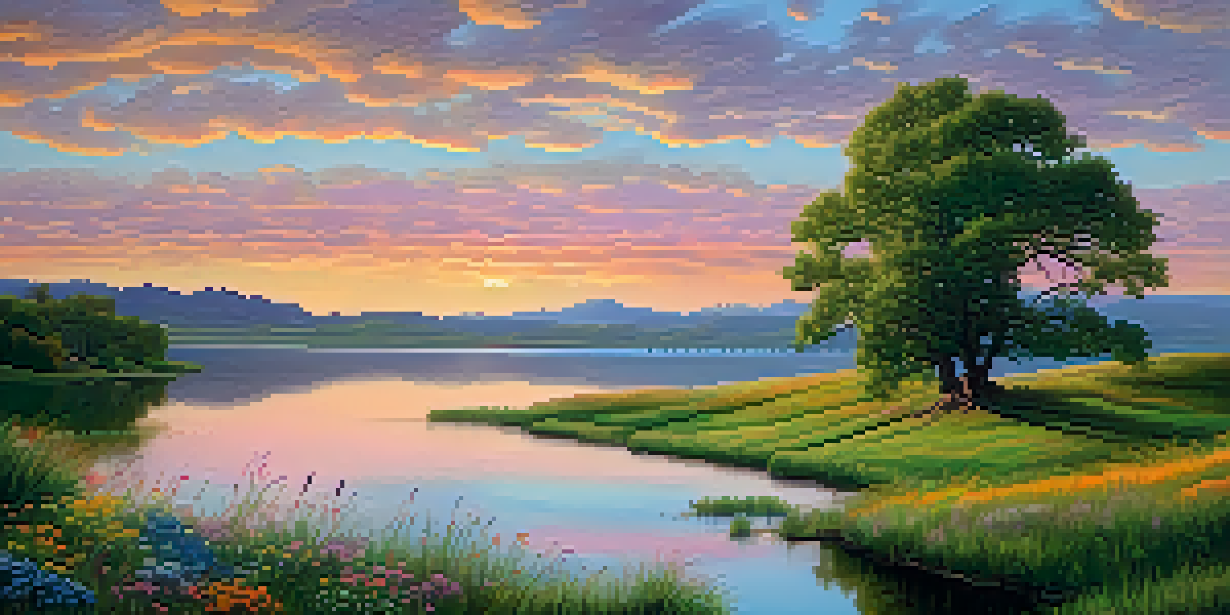 A tranquil sunrise landscape with rolling hills, a calm lake reflecting colorful skies, and a tree by the water's edge.
