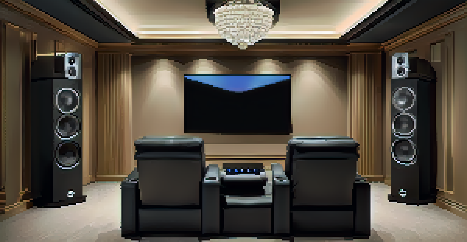 An illustrated layout of a surround sound speaker setup in a luxury home theater.