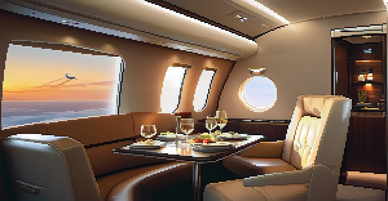 An elegant interior of a private jet cabin, showcasing plush seating and a gourmet meal, with a sunset view through the window.