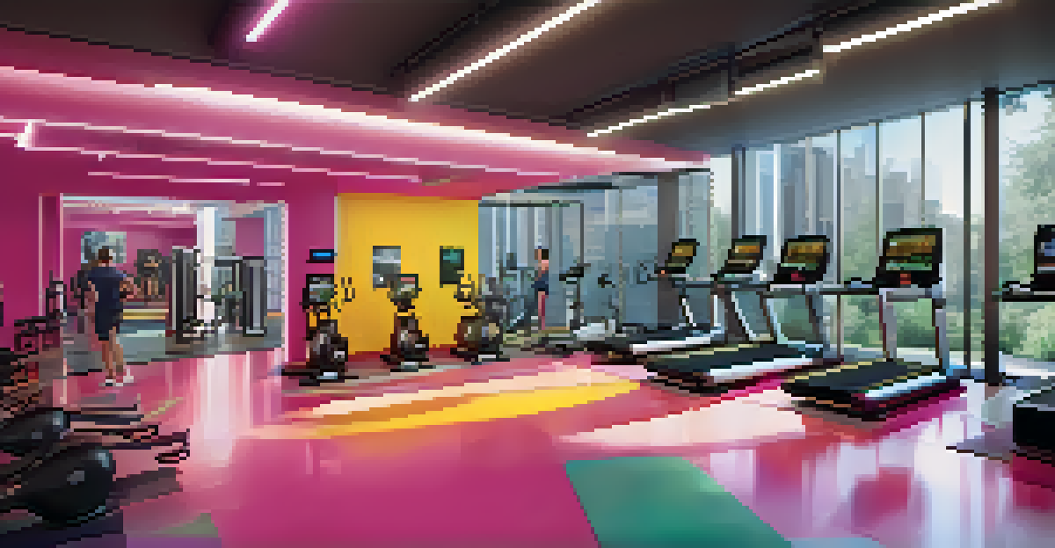 A modern gym showcasing high-tech fitness equipment and virtual reality setups, with people engaged in workouts.