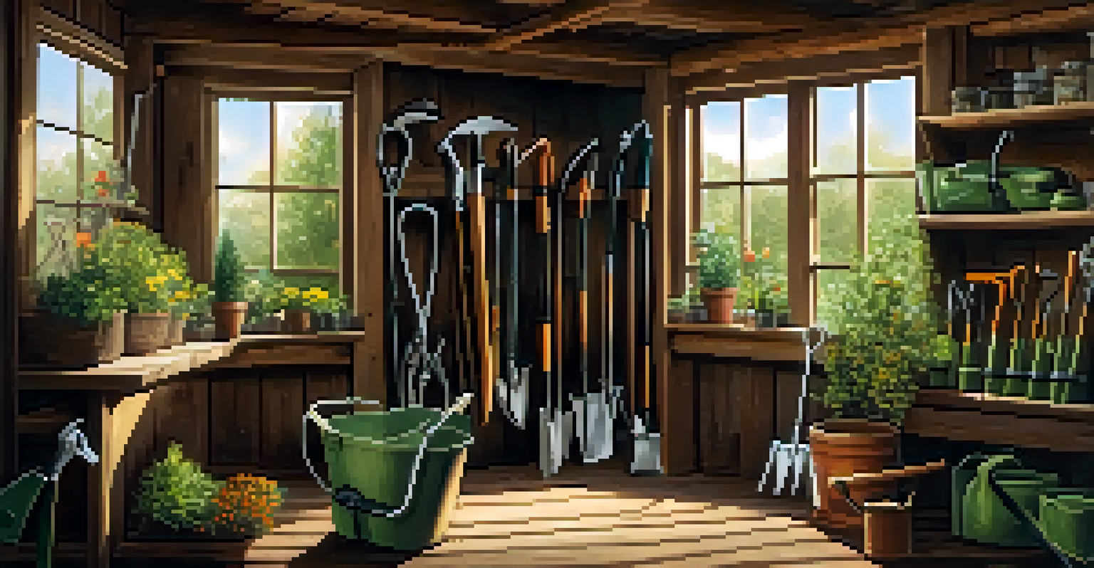 An organized tool shed displaying various gardening tools in warm sunlight.