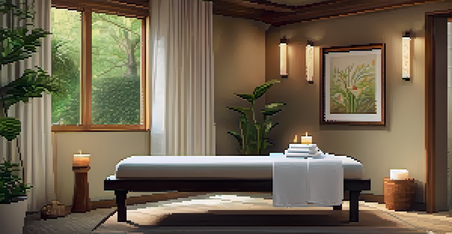 A calming spa room with a massage table, candles, and a small fountain, designed for relaxation.