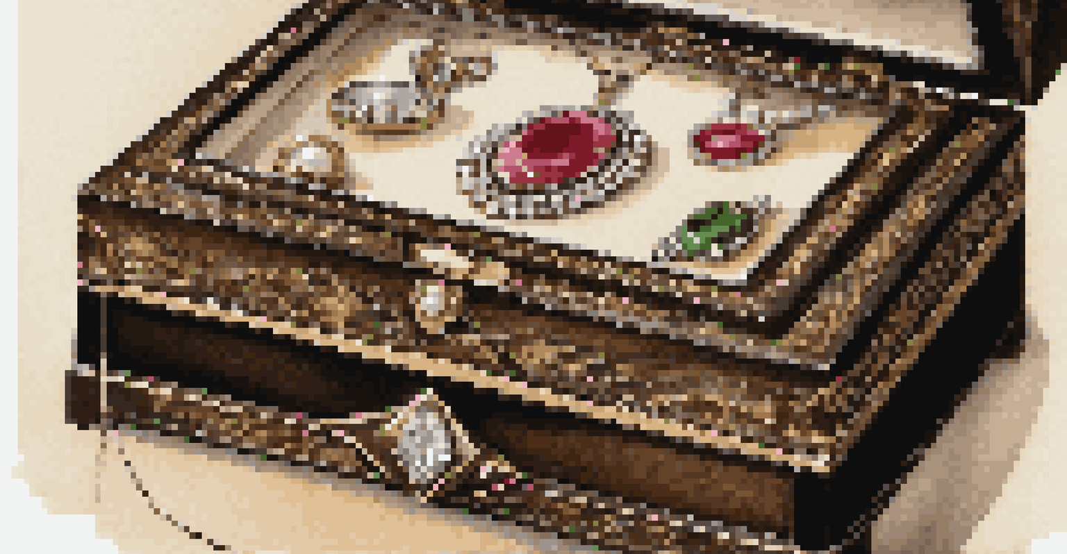 An open vintage jewelry box displaying ornate jewelry pieces like a brooch and a ring, with a silk lining and warm lighting.