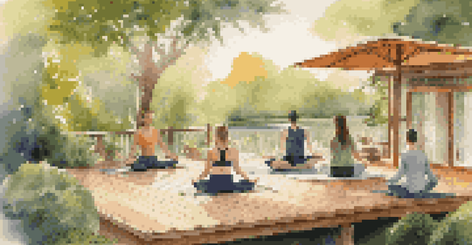 Guests practicing yoga on a wooden deck in a lush outdoor retreat, with a tranquil water feature and warm golden hour light.