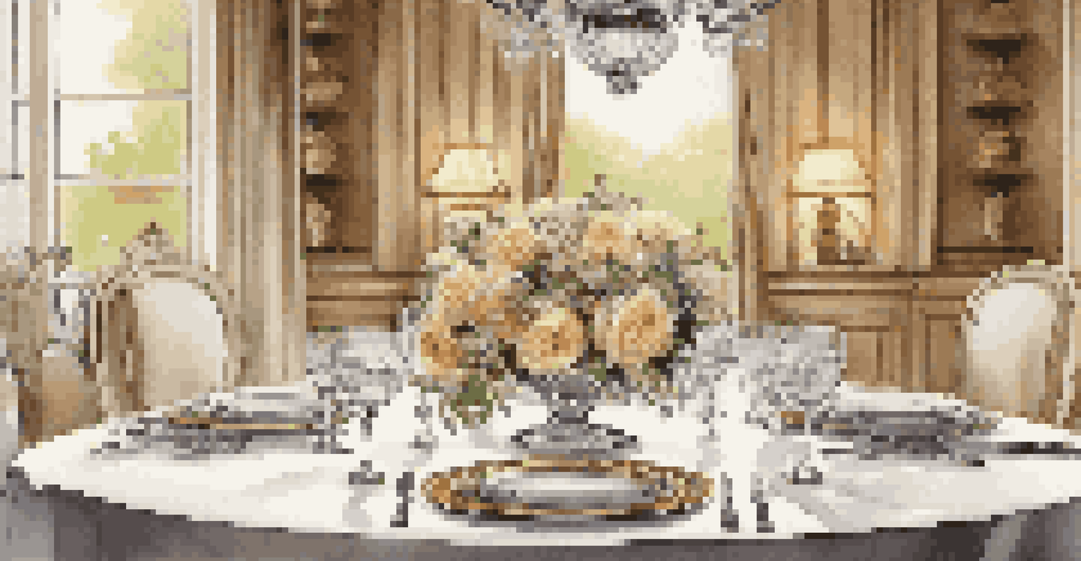 An elegant dining table set for fine dining with plates, glassware, and flowers, illuminated by warm ambient lighting.