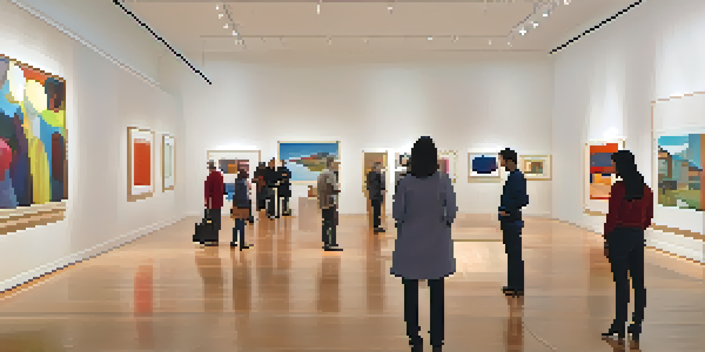 A bustling art gallery with contemporary artworks on display, illuminated by soft lighting and featuring visitors engaged with the pieces.