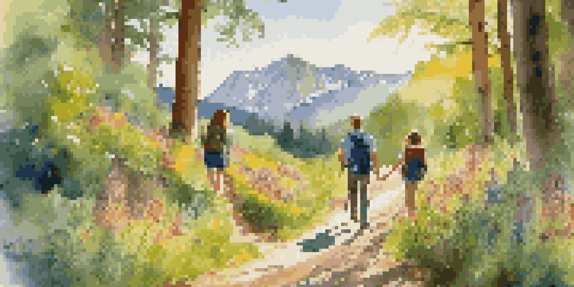 A family hiking along a green trail with trees and wildflowers, enjoying their outdoor adventure.