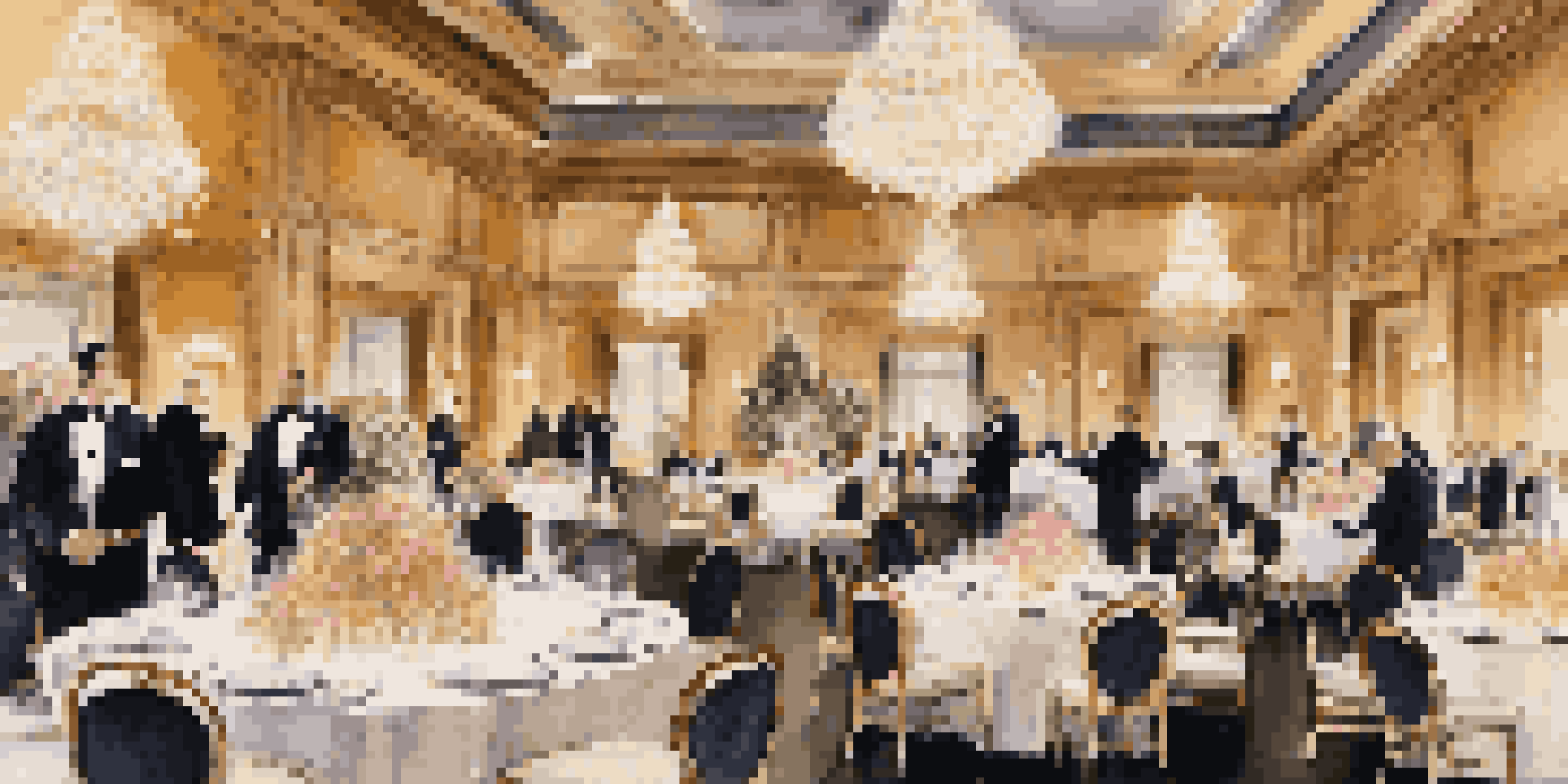 An elegant ballroom filled with guests at a gala dinner, featuring chandeliers and floral arrangements.