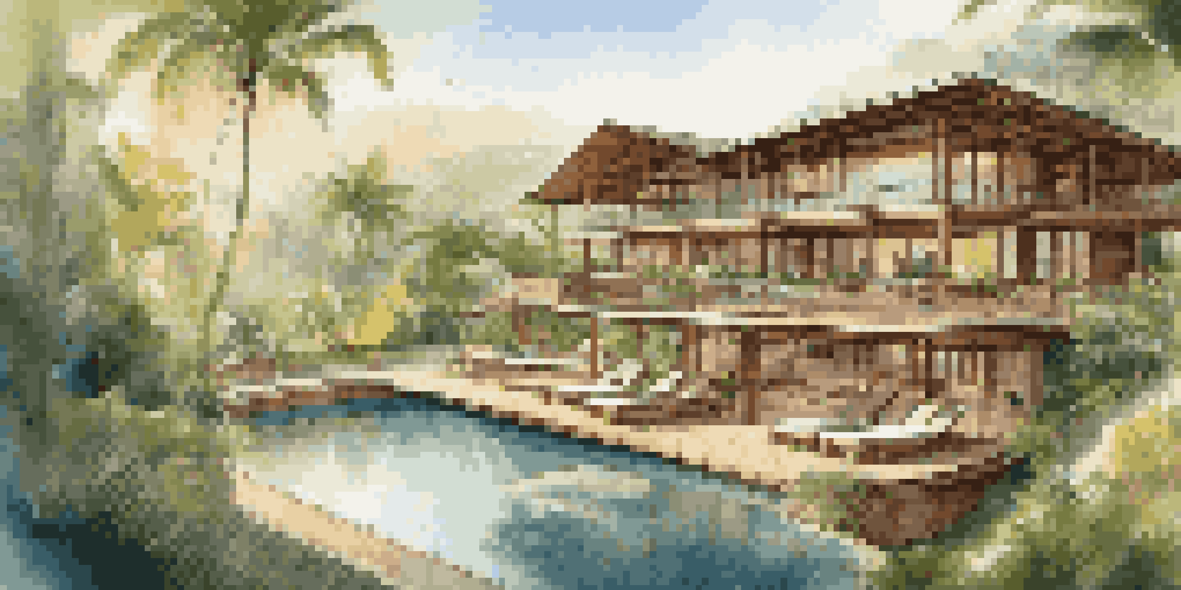 An eco-resort surrounded by greenery, featuring sustainable architecture and guests enjoying a peaceful atmosphere.